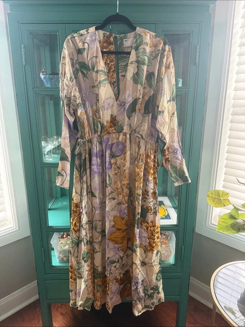 ASOS Cream Floral V‑Neck Maxi Gown Dress with Yellow & Lavender Flowers EUC - Picture 1 of 6